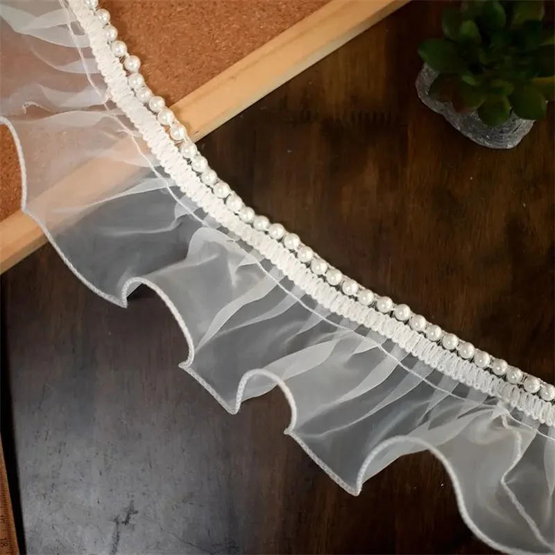 6.5CM Wide Tulle White Black Organza Pearl Wave Neckline Lace Collar Cuff Beads Ruffle Trim Ribbon Dress Clothes DIY Accessories