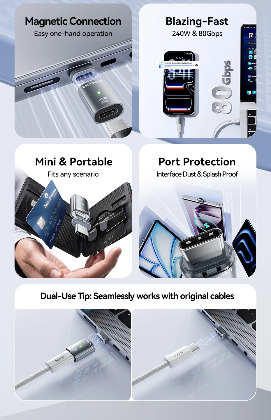 Toocki Magnetischer 240W Adapter OTG Typ C auf Typ C Weiblich zu Männlich USB4.0 80Gbps Schnellladung USB C zu Typ C Konverter – Detail 2