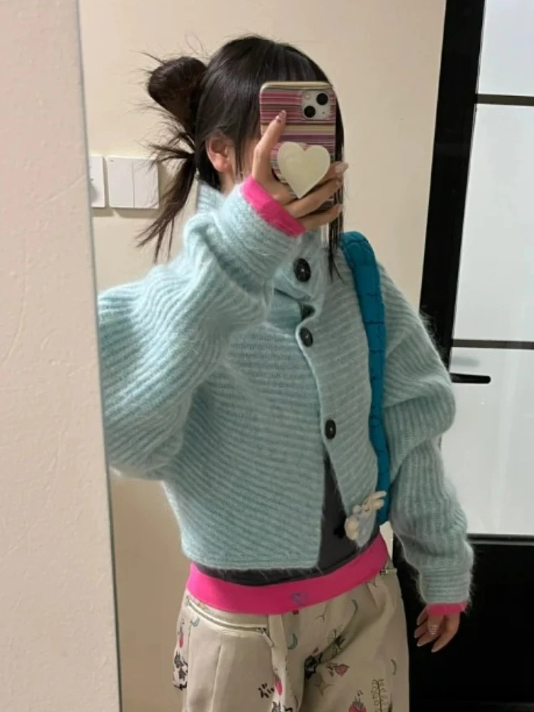 Mulheres lapela única fileira botão de malha sólida cardigan outono inverno moda oversized curto outerwear casual manga longa casaco novo