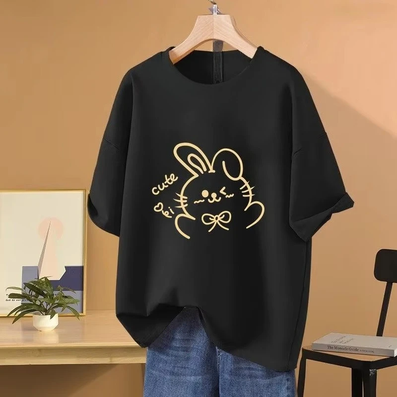 Women's Clothing Loose Tshirt Summer Age Reduction Short Sleeve Bunny Casual Tees Lady Basic O-neck Versatile Tops Free Delivery