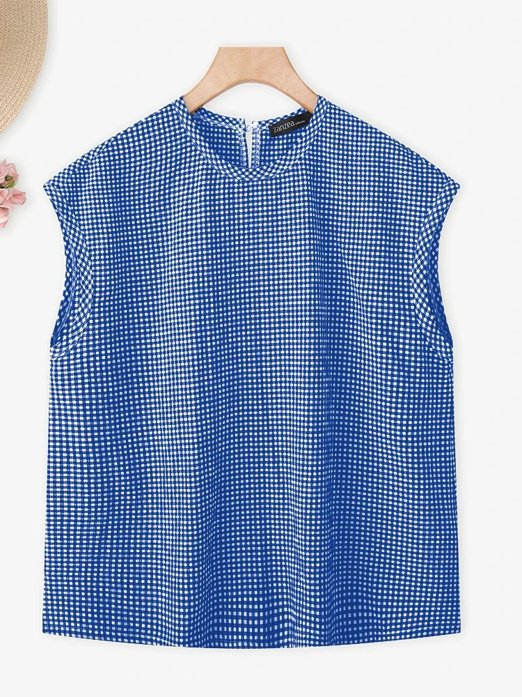 ZANZEA 여성 체크무늬 블라우스 여름 셔츠 2025 패션 민소매 탑 튜닉 라운드 넥 체크 프린트 우아한 작업복 블라우스 티셔츠