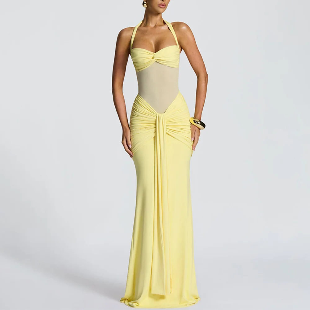 

Sexy Yellow Women's Prom Dress Halter Neck Sleeveless Backless Sheer Long Ruffles Robe Party Gown Formal Birthday Casual Skirt