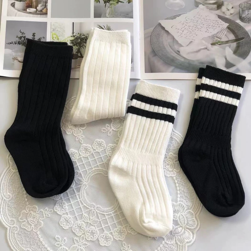 3 Pairs/lot Children\'s Long Tube Student Cotton Socks Spring Autumn Girls and Boys Black and White Sports School Uniform Socks