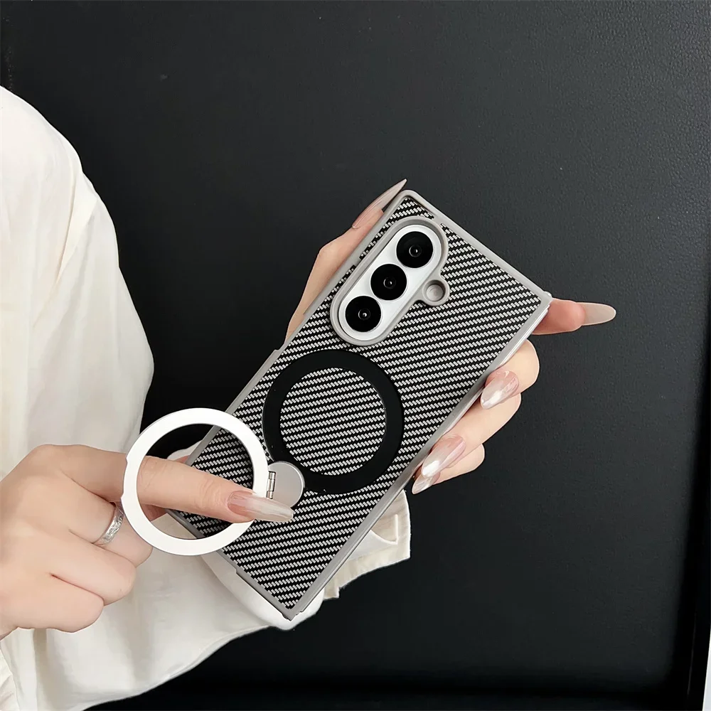 

Carbon Fiber Leather Magnetic 360° Rotating Stand Phone Case For Samsung Galaxy Z Fold 7 6 5 4 5G For Magsafe Charging Cover