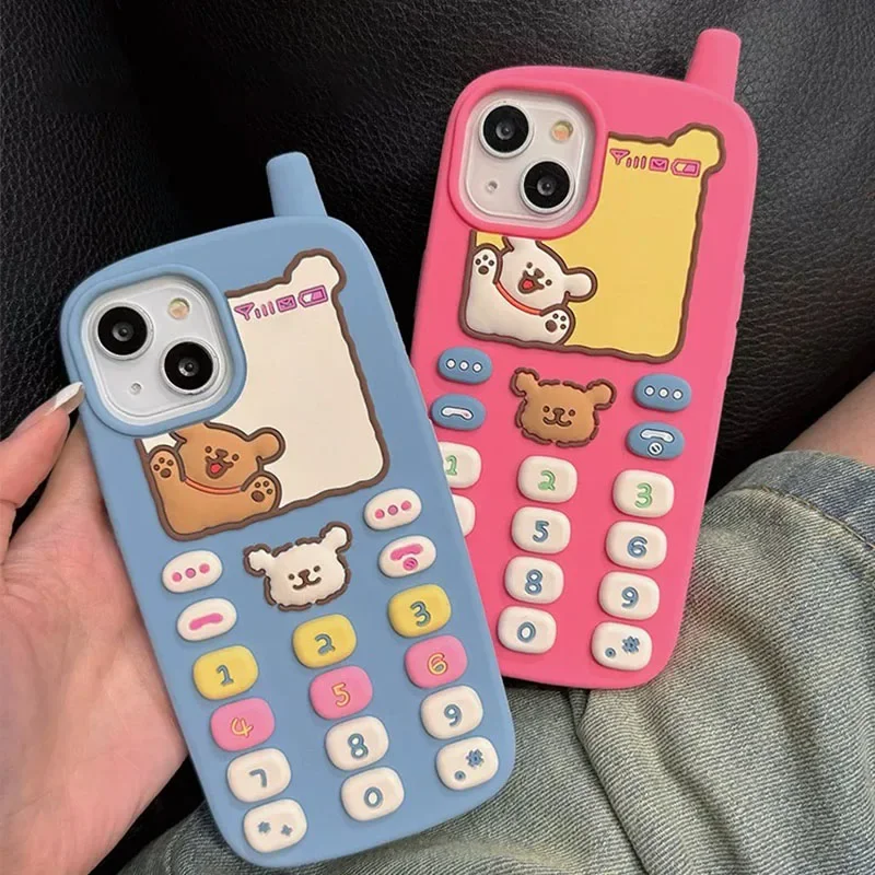 

Korea Pop Cartoon Bear telephone Cute 3D Cases For iPhone 17 16 15 13 12 14 Pro Max 15promax Soft Silicone Phone Cover Kid Gift