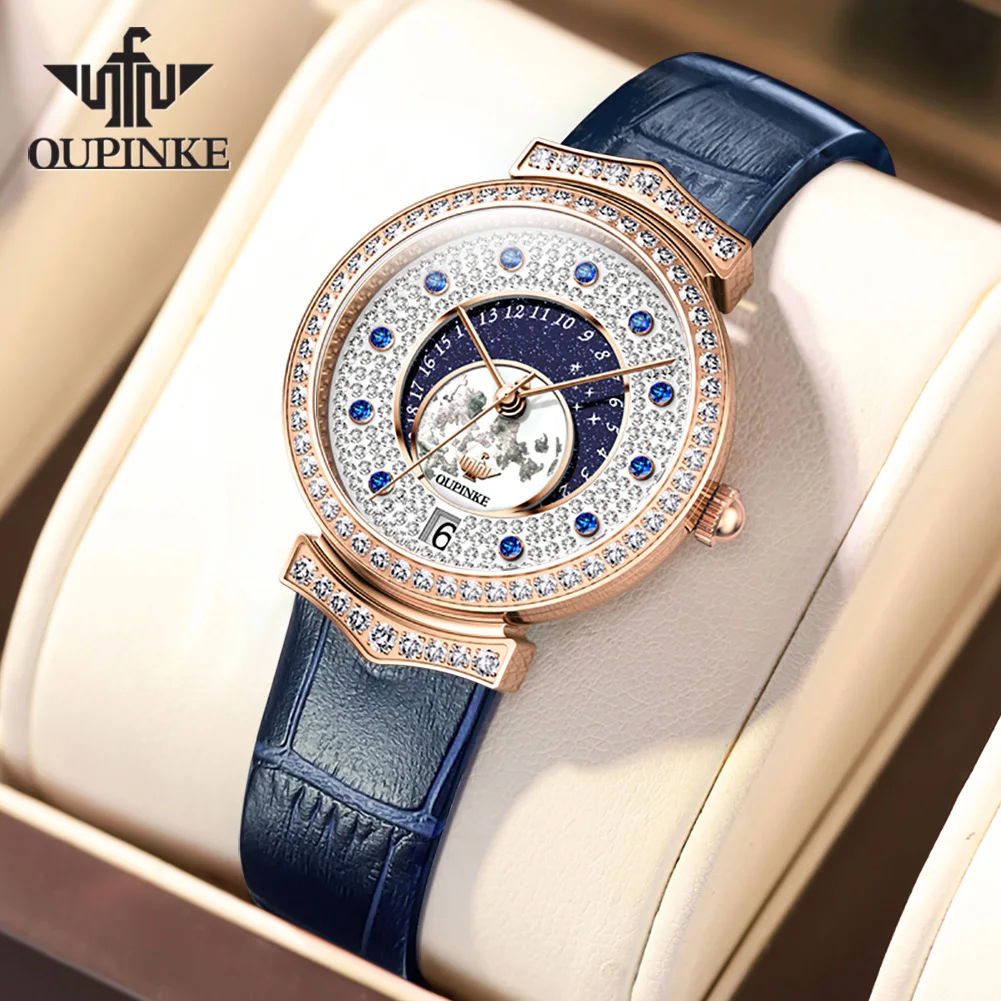 OUPINKE 3218 Original Watch for Women Starry Sky Full Diamond Swiss Import Quartz Movement Ladies Leather Strap Dress Wristwatch