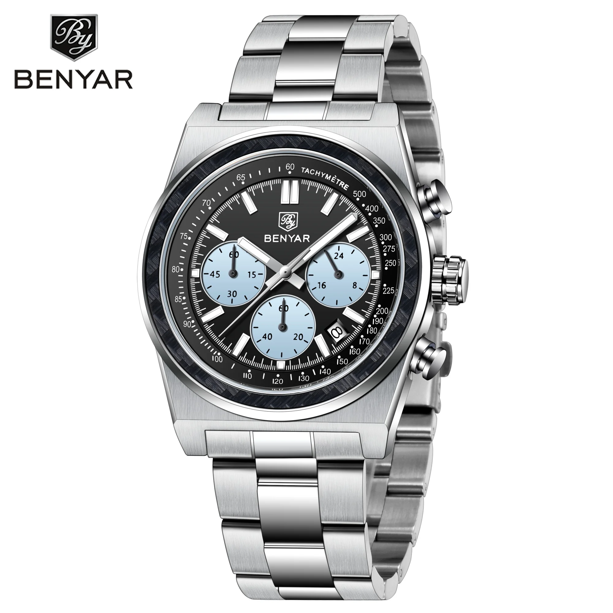 BENYAR 5229 Business Fashion Quartz Watches for Man Elegant Luminous Calendar Chronograph Stainless Steel Strap Men's Wristwatch