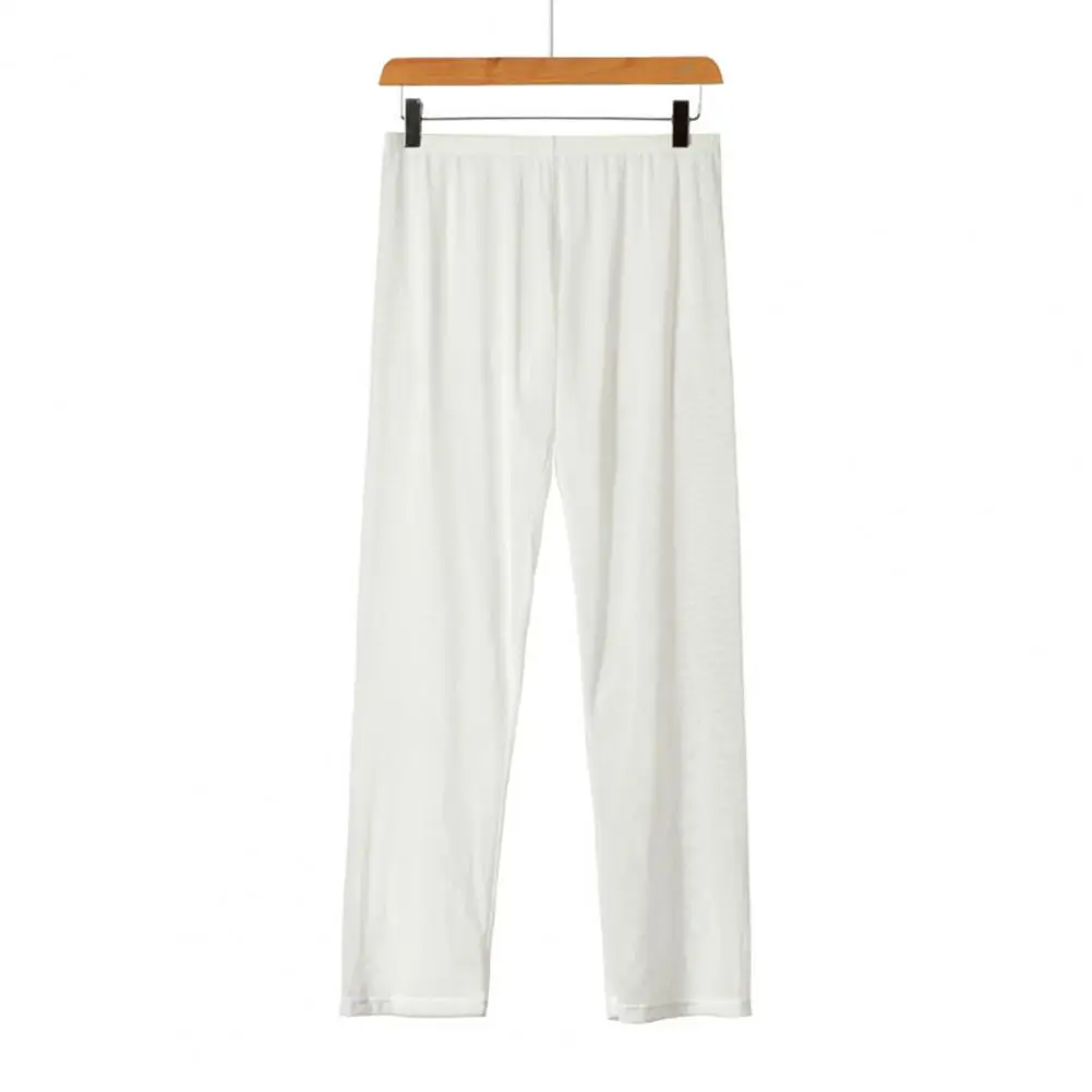 Men Pajama Pants See-through Ice Silk  Casual Trousers Soft Mid Waist Elastic Homewear Pants Solid Color Bottoming Pants