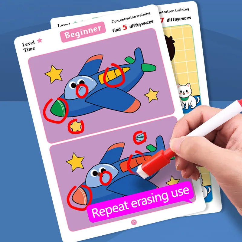 Find Differences Card Game (Reusable Cartoon Educational Puzzle) for Kids – Three Difficulty Levels for Focus and Attention