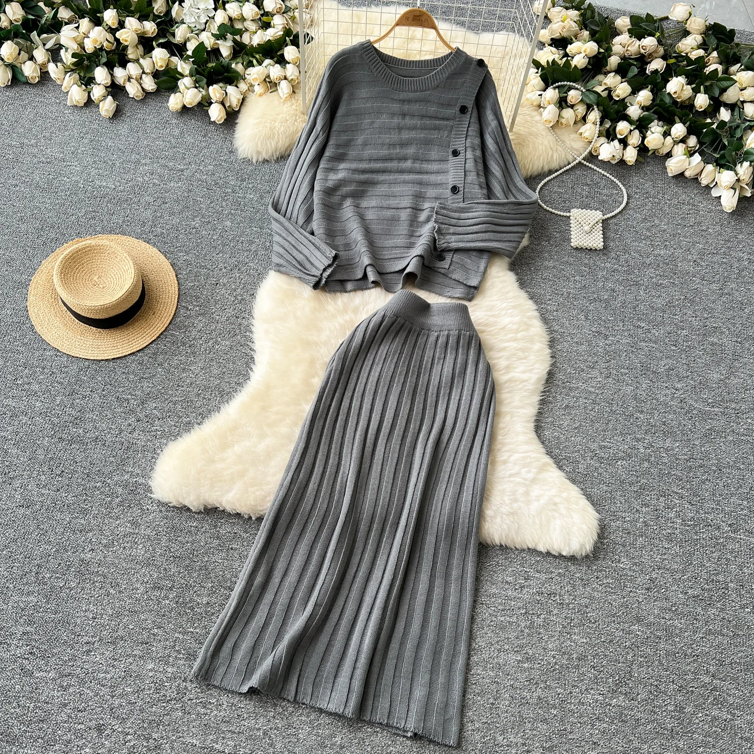 Chic Women Two-Piece Sets Vintage O-neck Asymmetrical Button Long Sleeve Knit Top High Waist Skirt Korean High Street Clothing