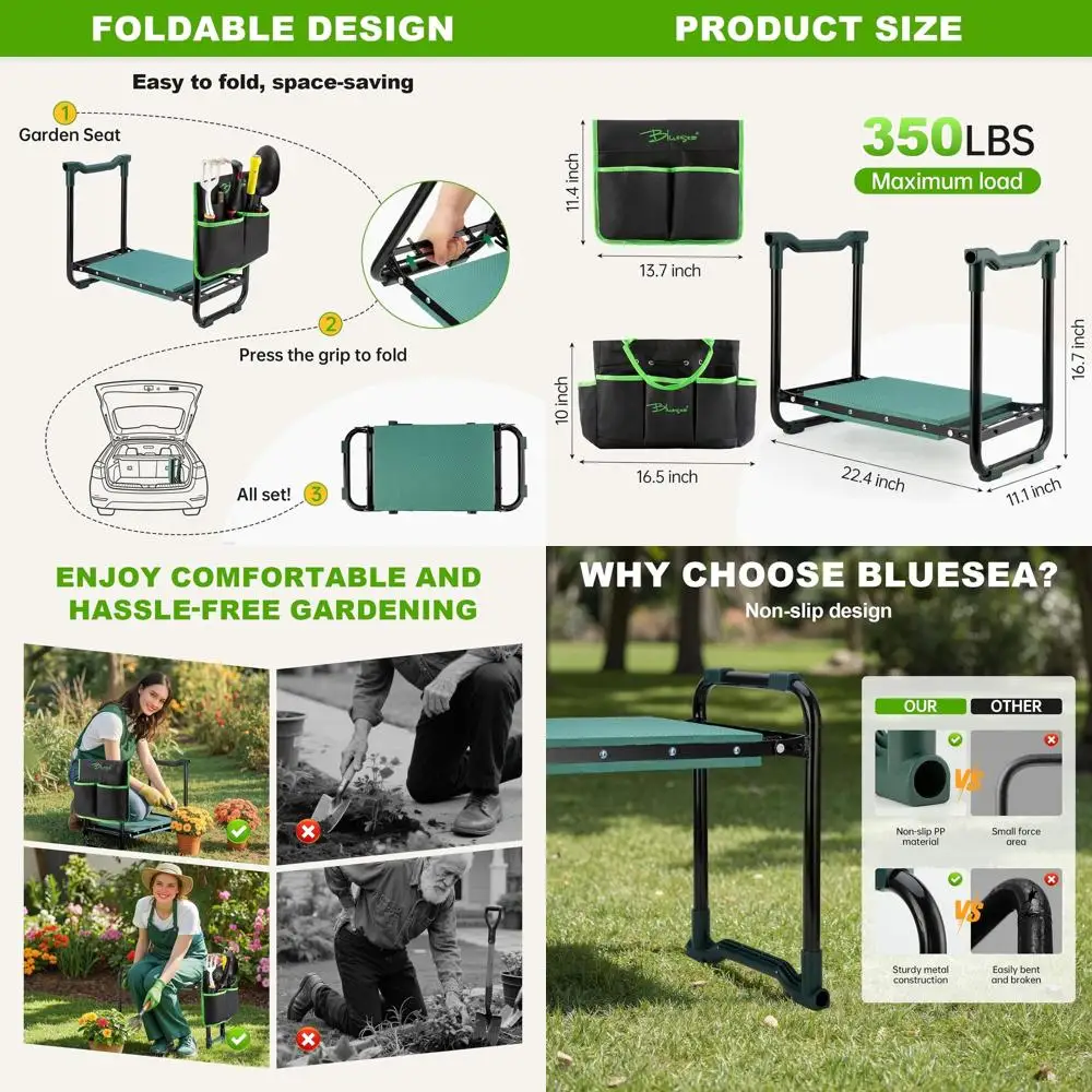 

Folding Garden Bench and Kneeler - Heavy Duty 2-in-1 Stool with Tool Bag, Ideal for Planting, Weeding, Seniors, and Women (350 l