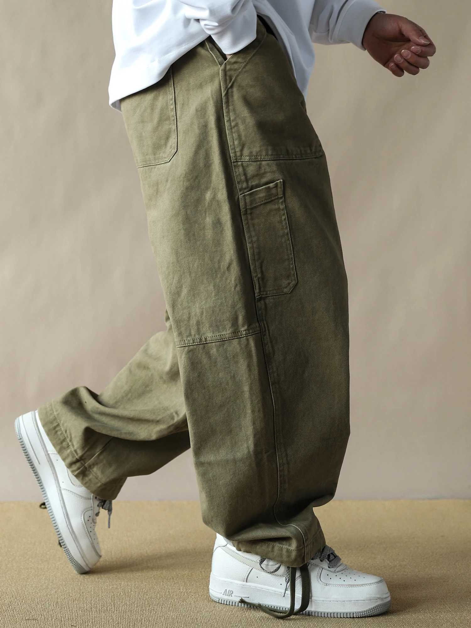 

American Workwear Sle Men's Loose Casual Khaki Cotton Straight Leg Pants Multiple kets Wide Leg 2026 Casual Trousers