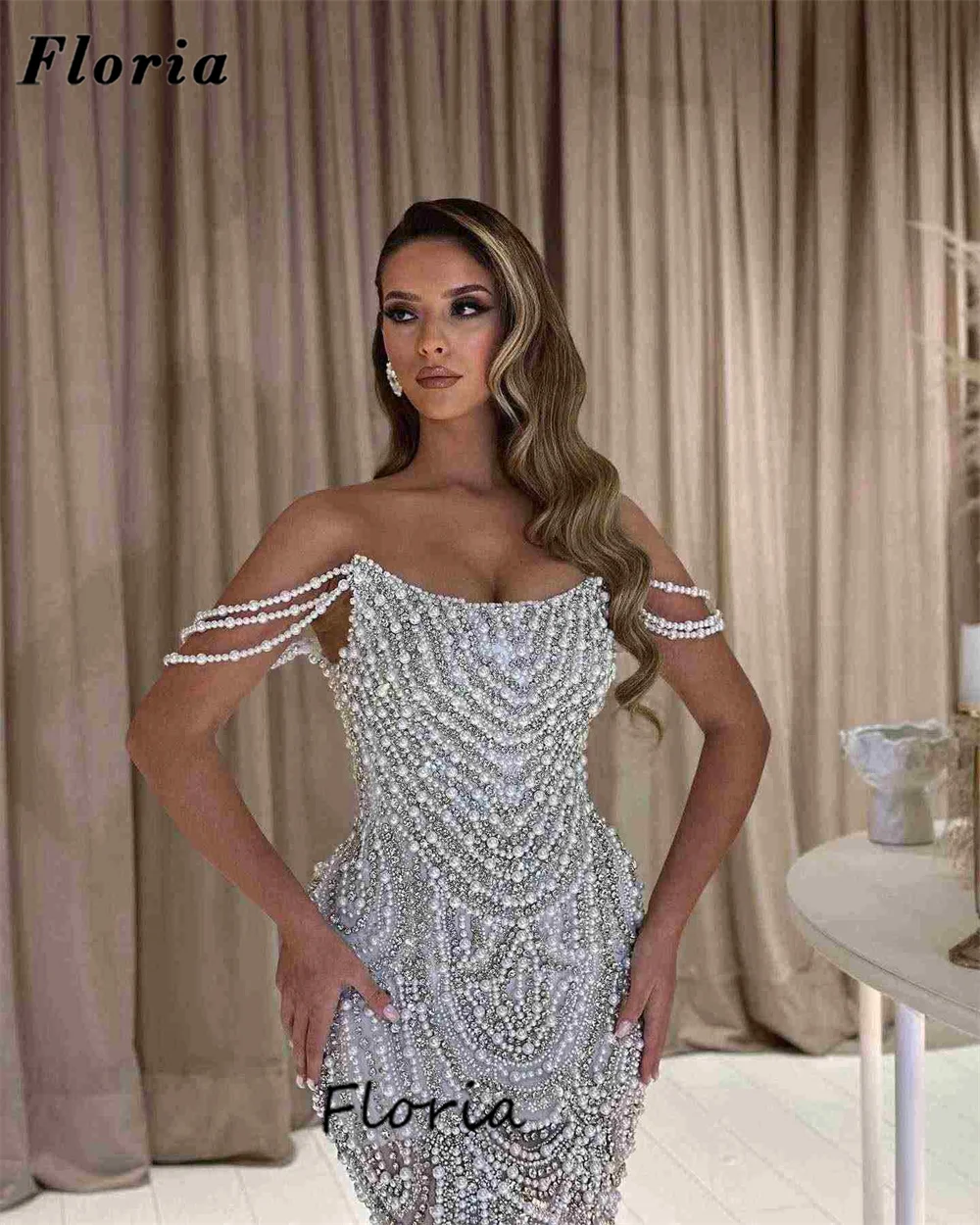 Vestidos de Noche elegantes con perlas y hombros descubiertos para mujer, vestidos de fiesta de boda de talla grande, vestidos de fiesta de sirena de Dubai