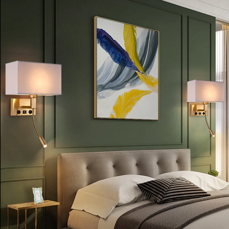 الحديثة الحد الأدنى القراءة أدى الجدار الخفيفة مع واجهة USB والتبديل النمط الأوروبي فندق غرفة نوم اللوح الأمامي النسيج الخفيفة #3