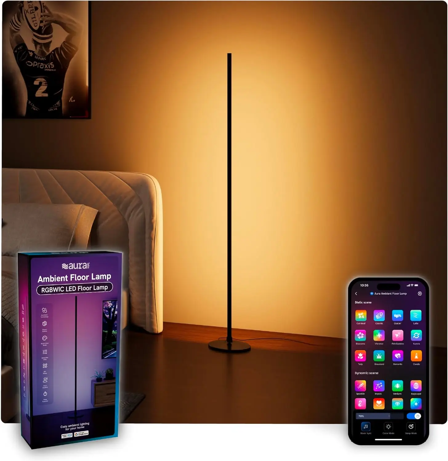

RGBICW Corner Floor Lamp, 4 Billion Colors, 90+ CRI, 1000 Lumens, App & Voice Control, Music Sync, 53 Inch Tall, Modern Design