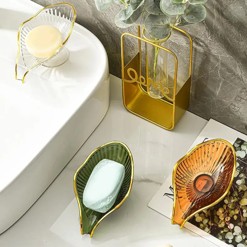 

Bathroom Soap Holder Golden Edge Leaf Shape Dish Soap Kitchen Sponge Soap Box Storage Non-Slip Drain Soap Case With Drain