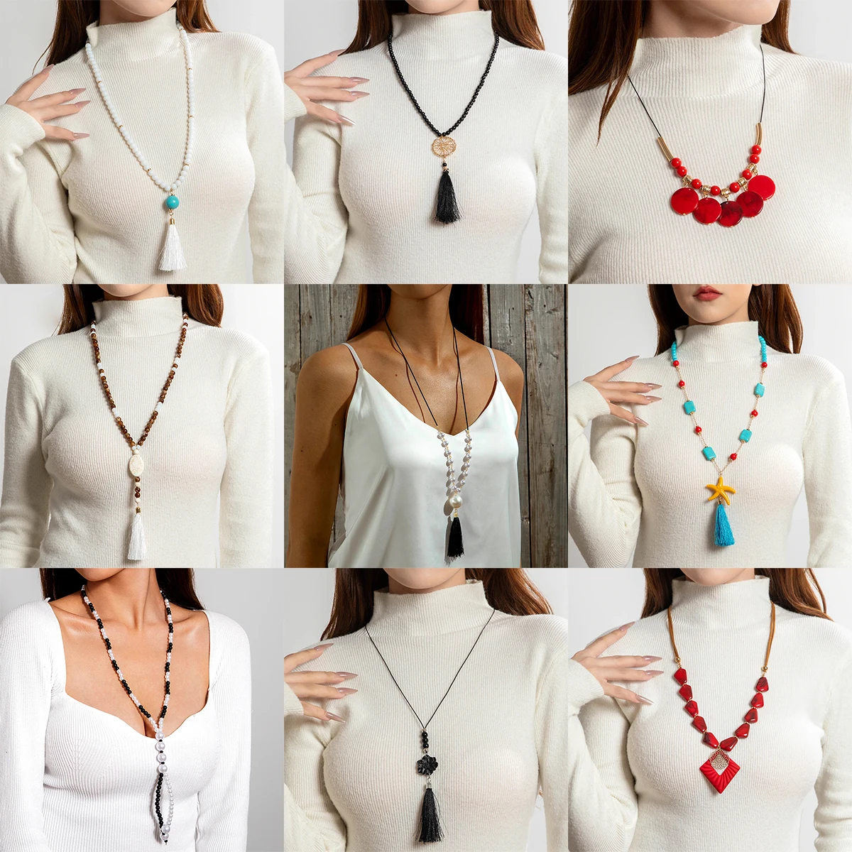 Tocona Bohemian Colorful Tassel Long Sweater Chain Necklace for Women Charms Colorful Crystal Stone Adjustable Jewelry Party