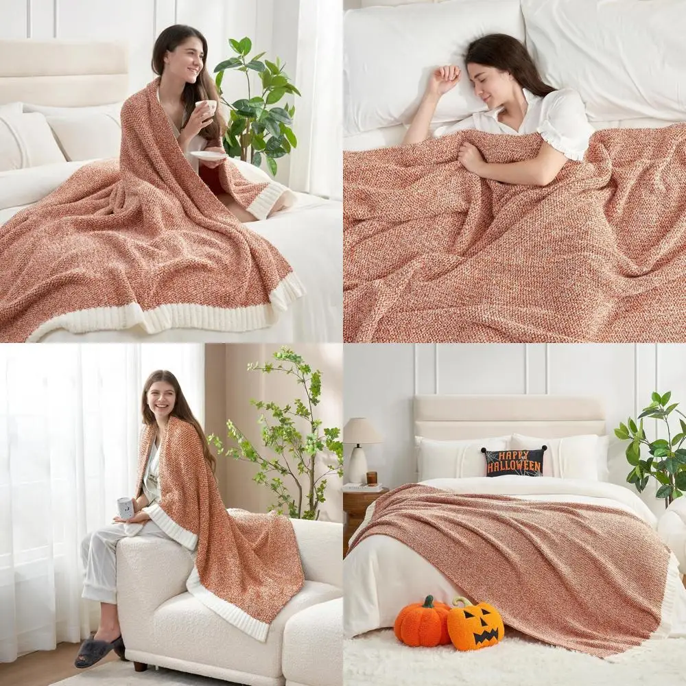 

Orange Twin Size Plush Knit Blanket, 60x80 Cozy Microfiber Bedding, Luxurious Warmth