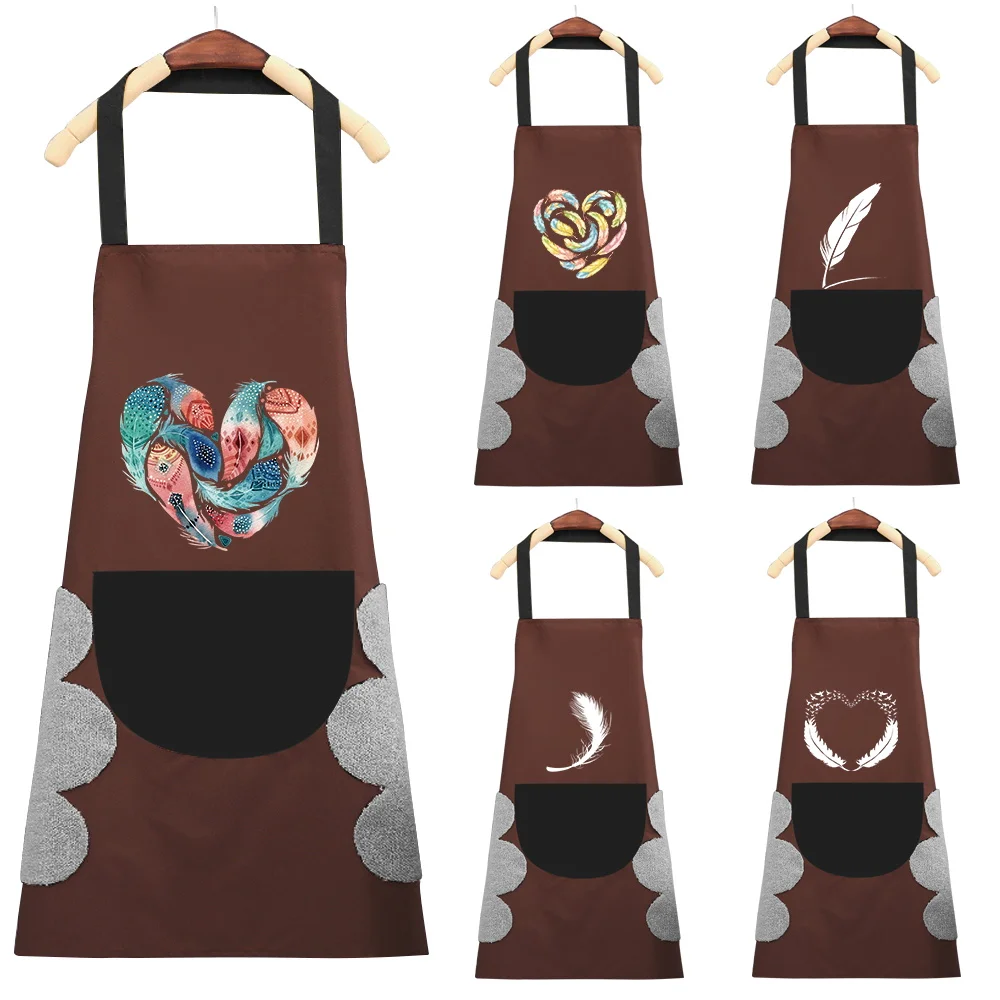 Apron Perfessional Kitchen Apron Restaurant Shop Waiter Work Uniform Women/Men with Pockets Cleaning Pinafore Feather Pattern