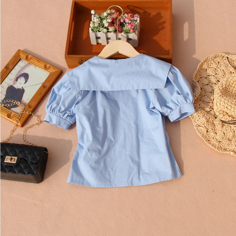 Summer White Shirts for Teenage Girls Fashion Children Puff Sleeve Tops Solid Color Blue Short Sleeve Blouses with Big Bow Tie