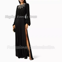 Heyday O-Neck Saudi Ruffle Straight Prom Gown Sexy Beaded Crepe Long Sleeves Floor Length Elegant Dress For luxurious Woman 2024