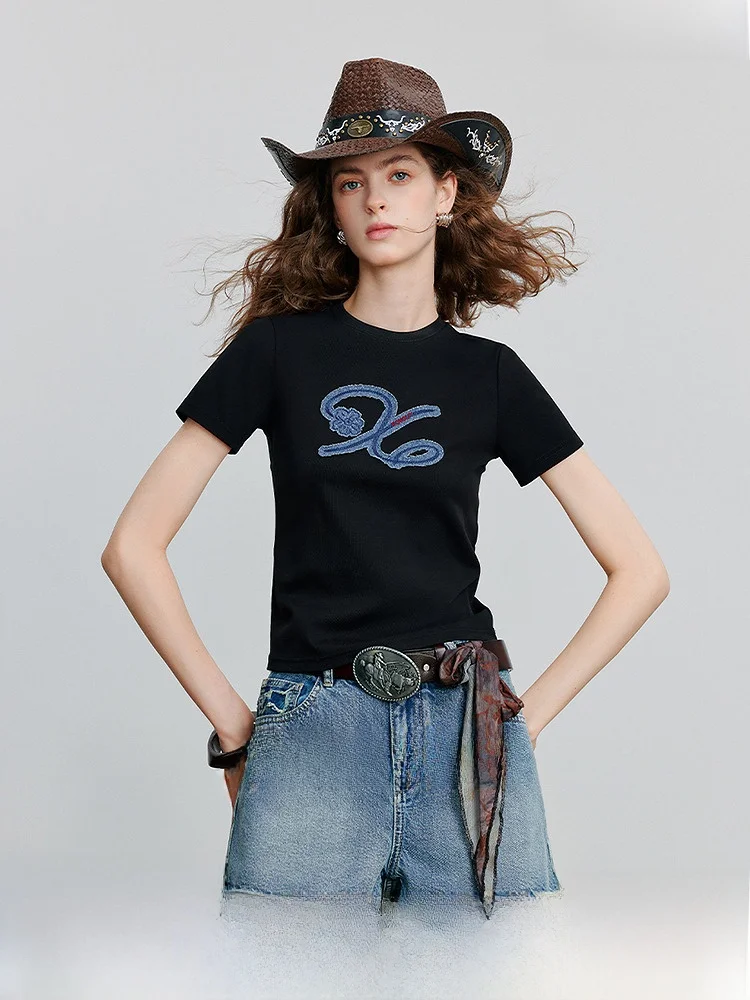 

Облегающая хлопковая круглая футболка Ne, женская летняя новая джинсовая нашивка Bla ort, топ с вышивкой, дышащий удобный ort Sl...