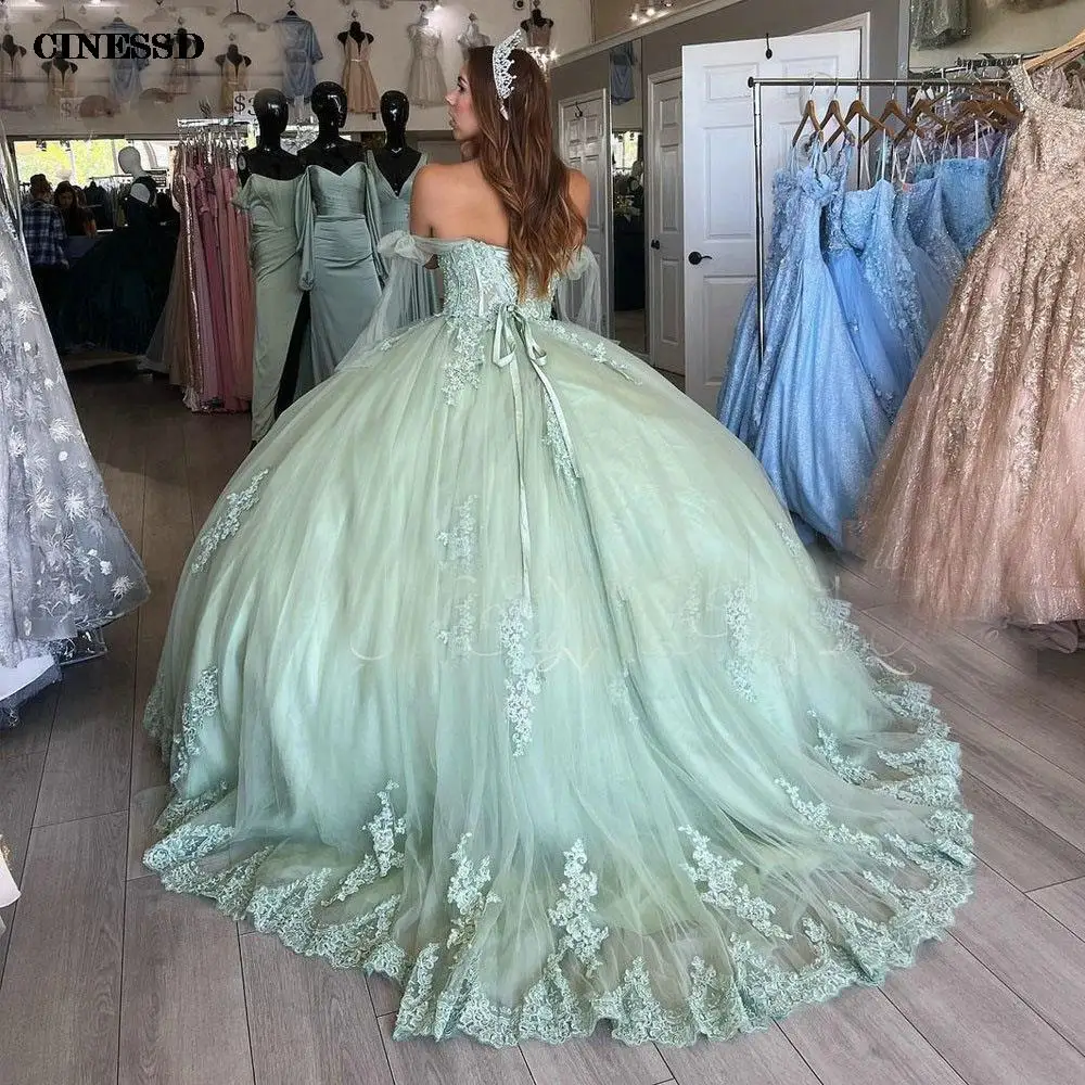 Vestido De Quinceañera De encaje con apliques florales, Verde menta, vestido De baile, cintas De hombros descubiertos, corsé dulce, 15 Vestidos De Quinceañera