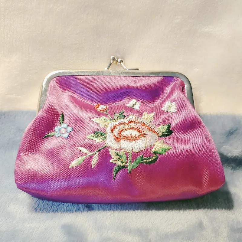 Vintage Style Purple Yellow Kiss Lock Crochet Bag Flower Embroidered Wallets Oriental Aesthetic Coin Purse Accessories