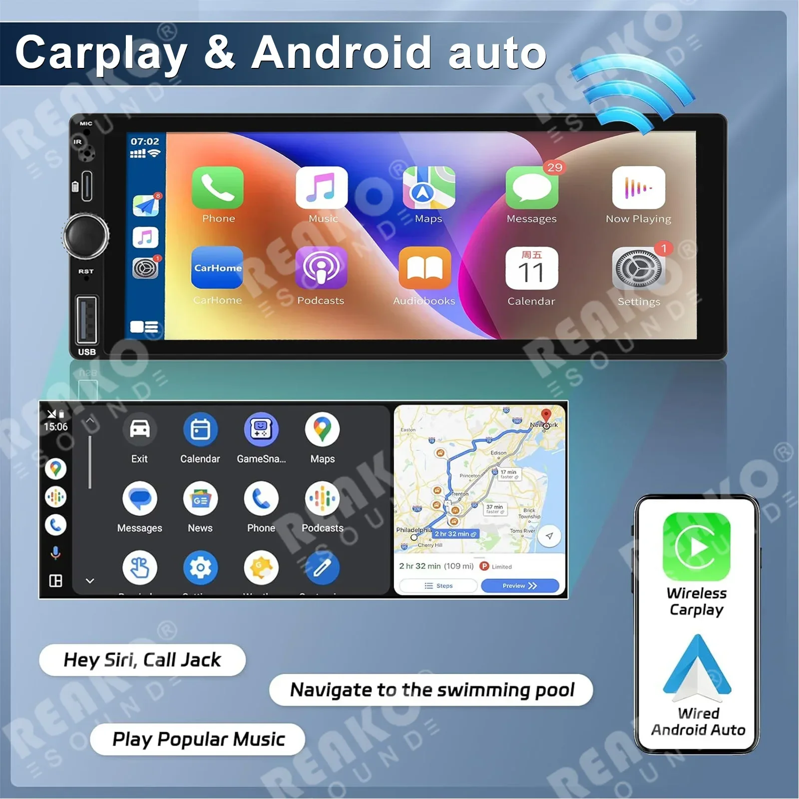 REAKOSOUND 6.9 inch Android 13 Car Stereo 4G+64G Universal Video Player 1Din Wireless Carplay Auto GPS Navigation NO 2din DVD