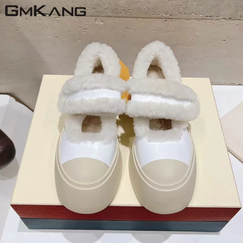 

New Casual Sneakers Women Comfort Fur Thick Sole Walk Shoes Female Wool Warm Winter Round Toe Lace Up Flat Shoes Woman