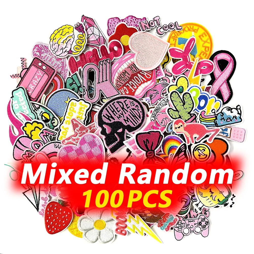 100Pcs Random Mixed Iron on Patches Embroidery Applique Decorative Patch Clothing Decoration Repair Mend Pink Red Flower Badge
