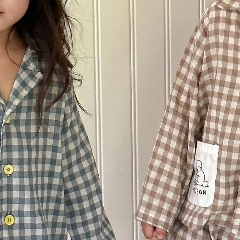 Boys girl pajamas home clothes pure cotton plaid 2024 new autumn long sleeved set comfortable trendy