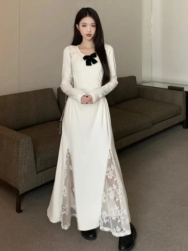 Women's French Gentle Style Lace Patchwork Waist Cinching Dress With High-end Feel Paired With Slimming Long Skirt