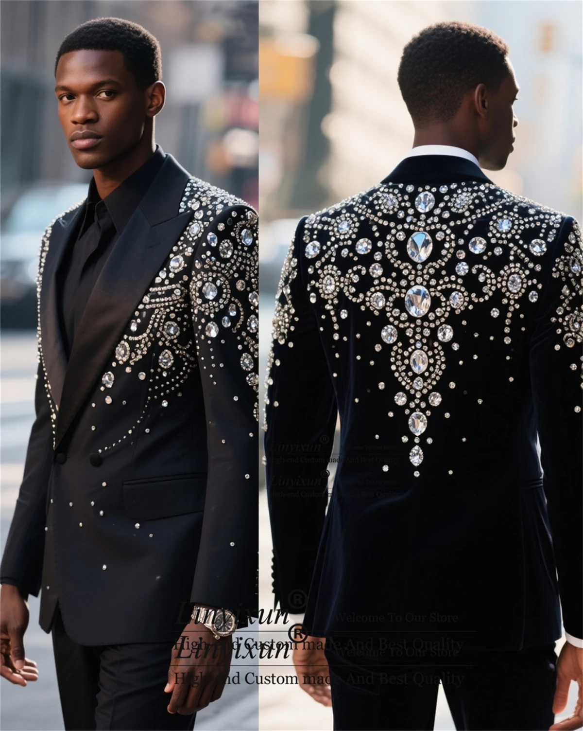 

Customized High End Crystal Diamond Men Suits 2 Piece Wedding Groom Tuxedos Fashion Male Prom Blazers Slim Fit Costume Homme