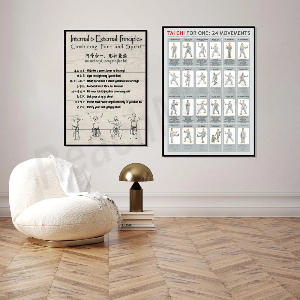طباعة شاولين كونغ فو، ملصق تاي تشي، 24 نمط يانغ المبسط تاي تشي التوضيح جدار الفن قماش ديكور المنزل
