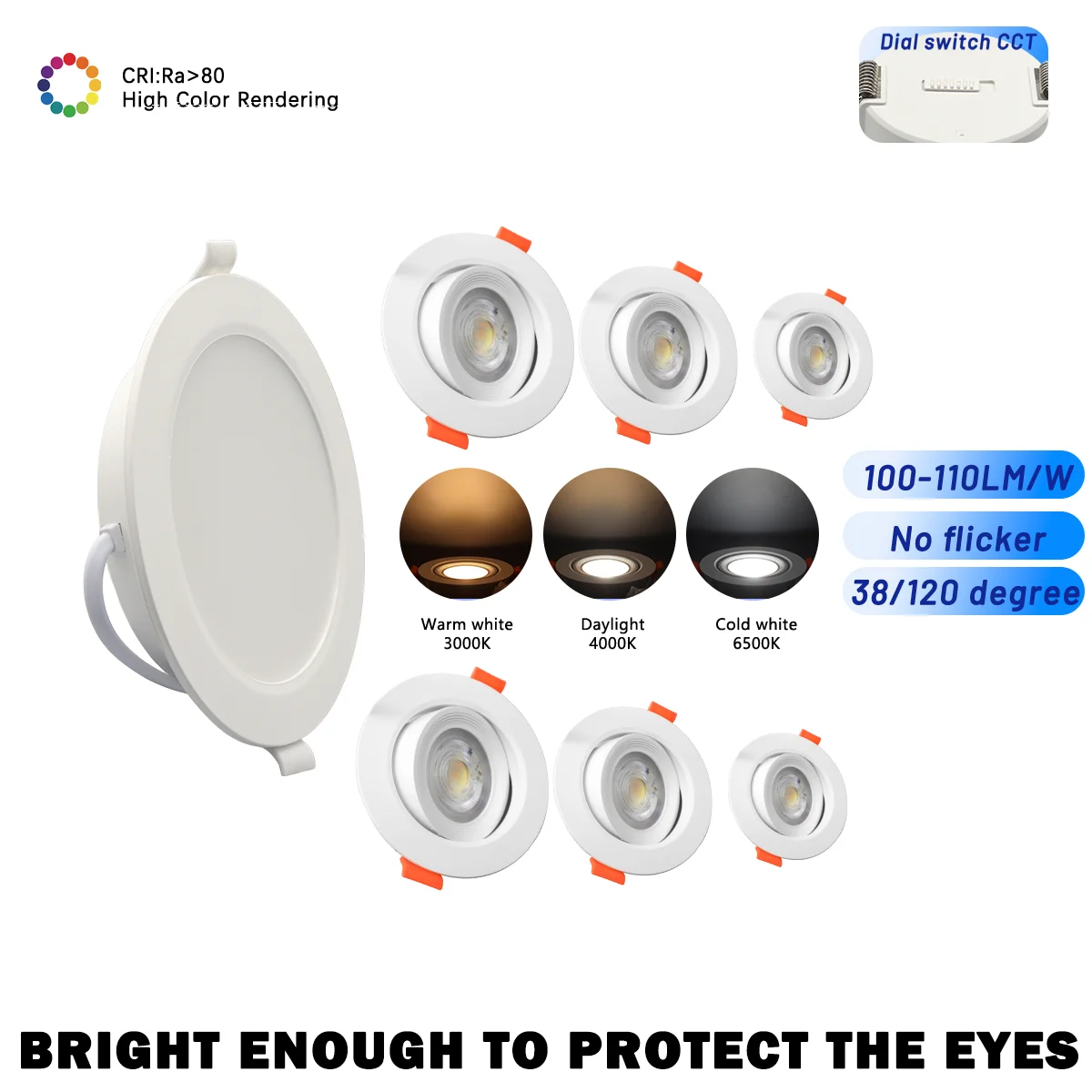 

2 шт. встраиваемый светодиодный потолочный прожектор, циферблатный переключатель CCT, 3 цвета, регулировка переменного тока, 120 В, 220 В, внутреннее освещение 3000 К, 4000 К, 6500 К