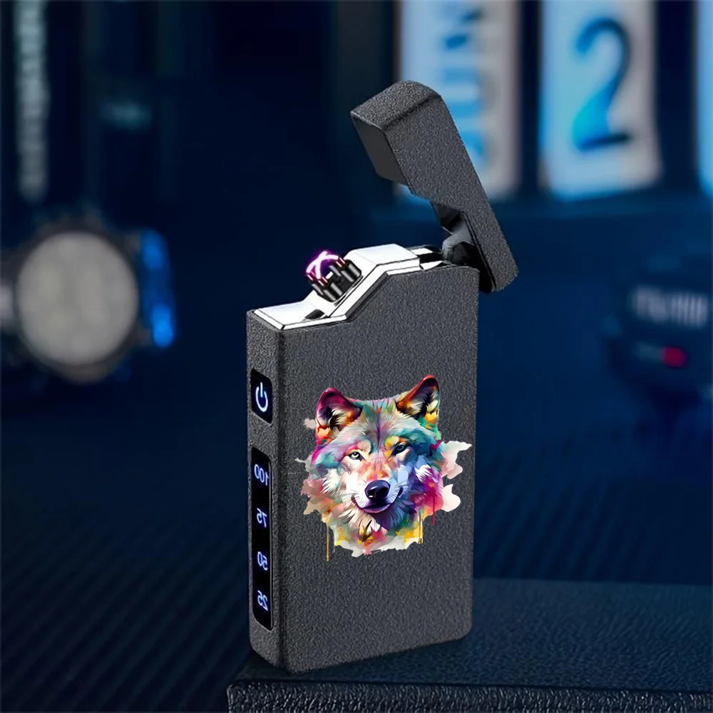 1pc Windproof Electric Arc Lighter with Colorful Wolf Head Pattern, Watercolor Style, USB Rechargeable Lighter, Dual Arc Flameless Lighter, Metal Casing, Battery Level Display, Long Battery Life, Gift for Boyfriend, Portable, Suitable for Camping