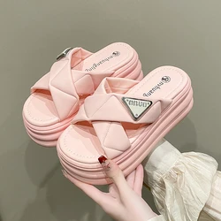 Fashion Metal Wedge Heels Platform Slippers New Women 7.5CM Heels Leather Chunky Sandals Woman Summer Thick Bottom Wedges Slides