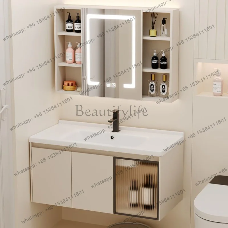 LDWood Bathroom Sink with Cabinet Ceramic Washbasin Simple Intelligent Mirror Combination Integrated Cabinet Vanity