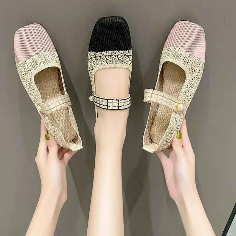 Korean Style Knitted Mary Jane Shoes for Women Comfort Breathable Women Shoes Square Toe Flat Sole Casual Shoes Zapatos De Mujer