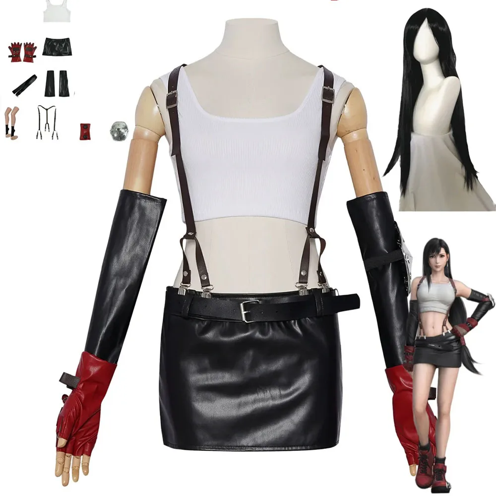 Juego Final Fantasy VII Remake Tifa Lockhart disfraz de Cosplay ajustado negro PU mujer falda Sexy Tops peluca traje de fiesta de Carnaval