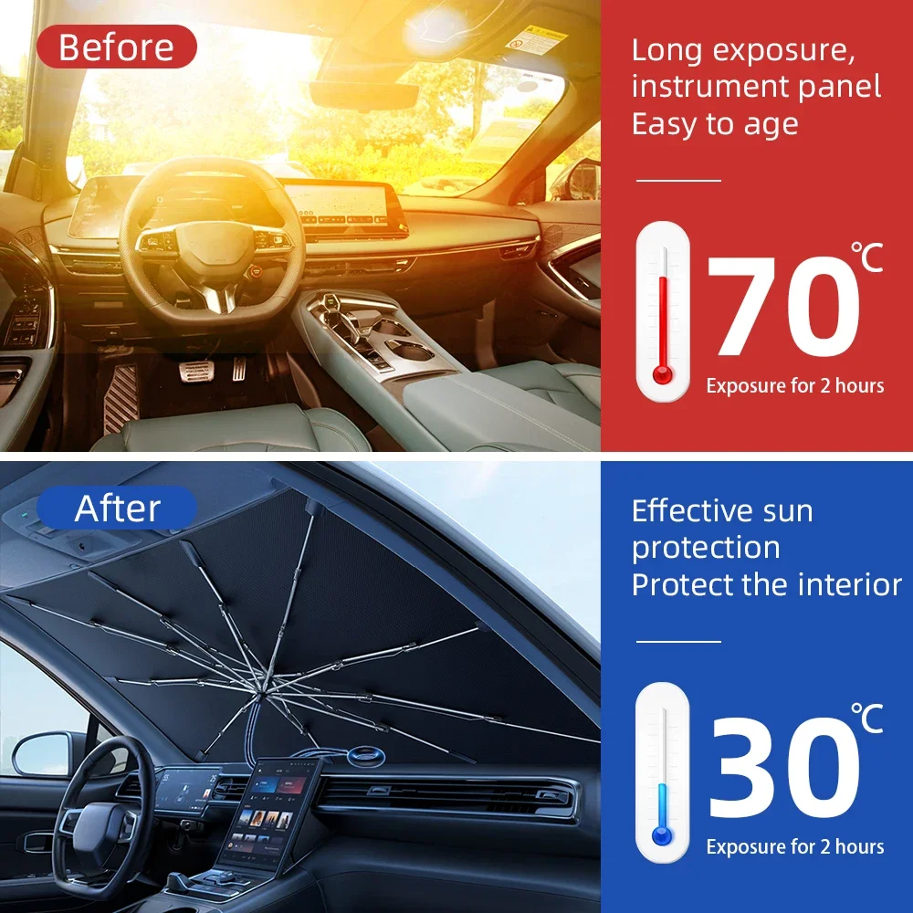 Upgraded Car Windshield SunShades Umbrella Foldable w/ Pull Ring Auto Front Window Cover for UV Ray Block & Sun Heat Protection