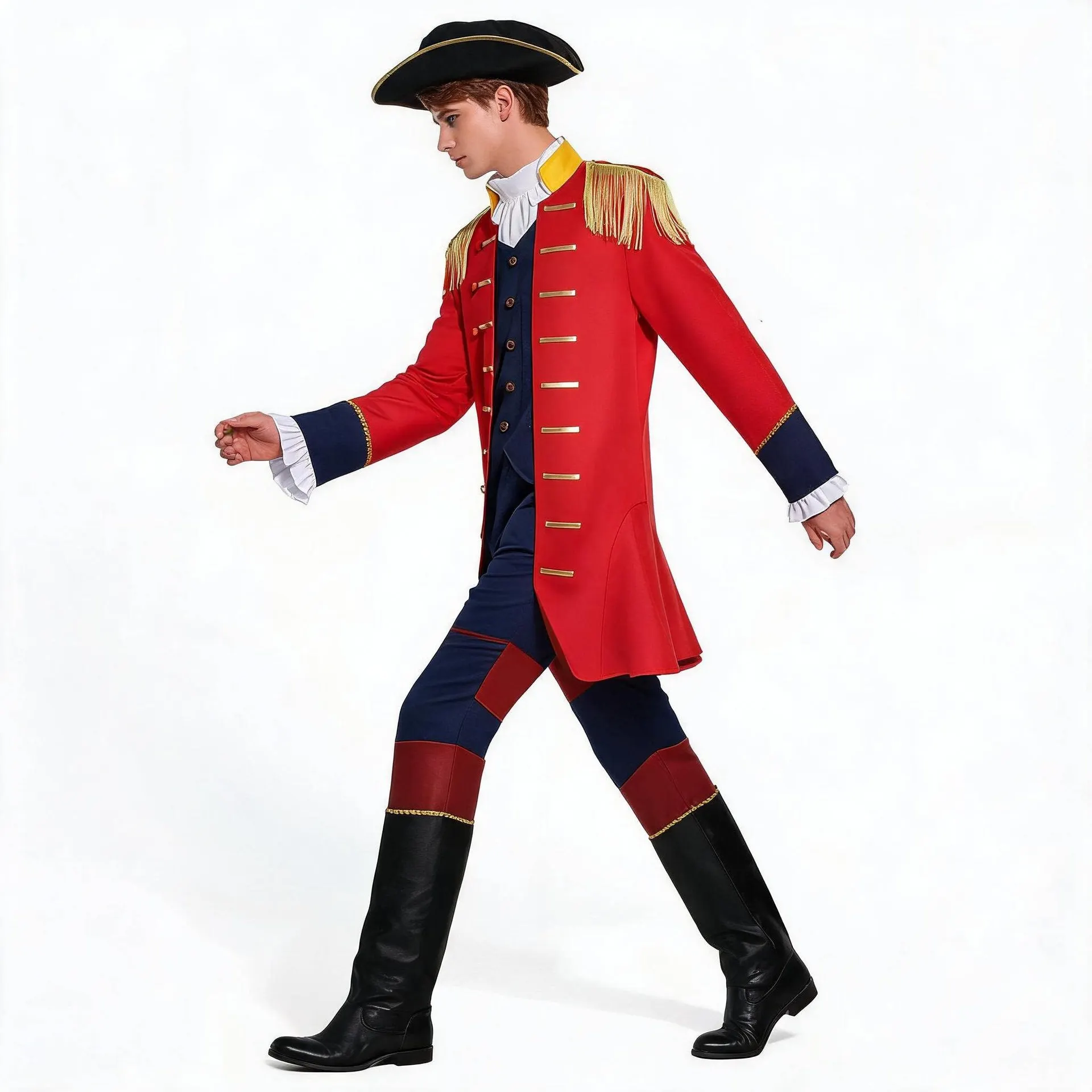 Men 18th Century Costume Red Tailcoat Outfit with Tricorn Hat for Halloween Carnival Party Fancy Dress Soldier Costume view 3