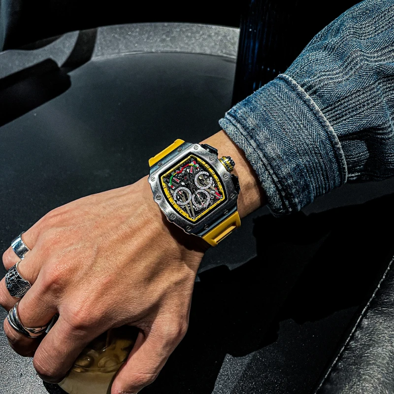Luxury Multifunctional Chronograph Sports Watch 2023 Yellow Silicone Men\'s Quartz Wristwatch Waterproof Luminous Watch