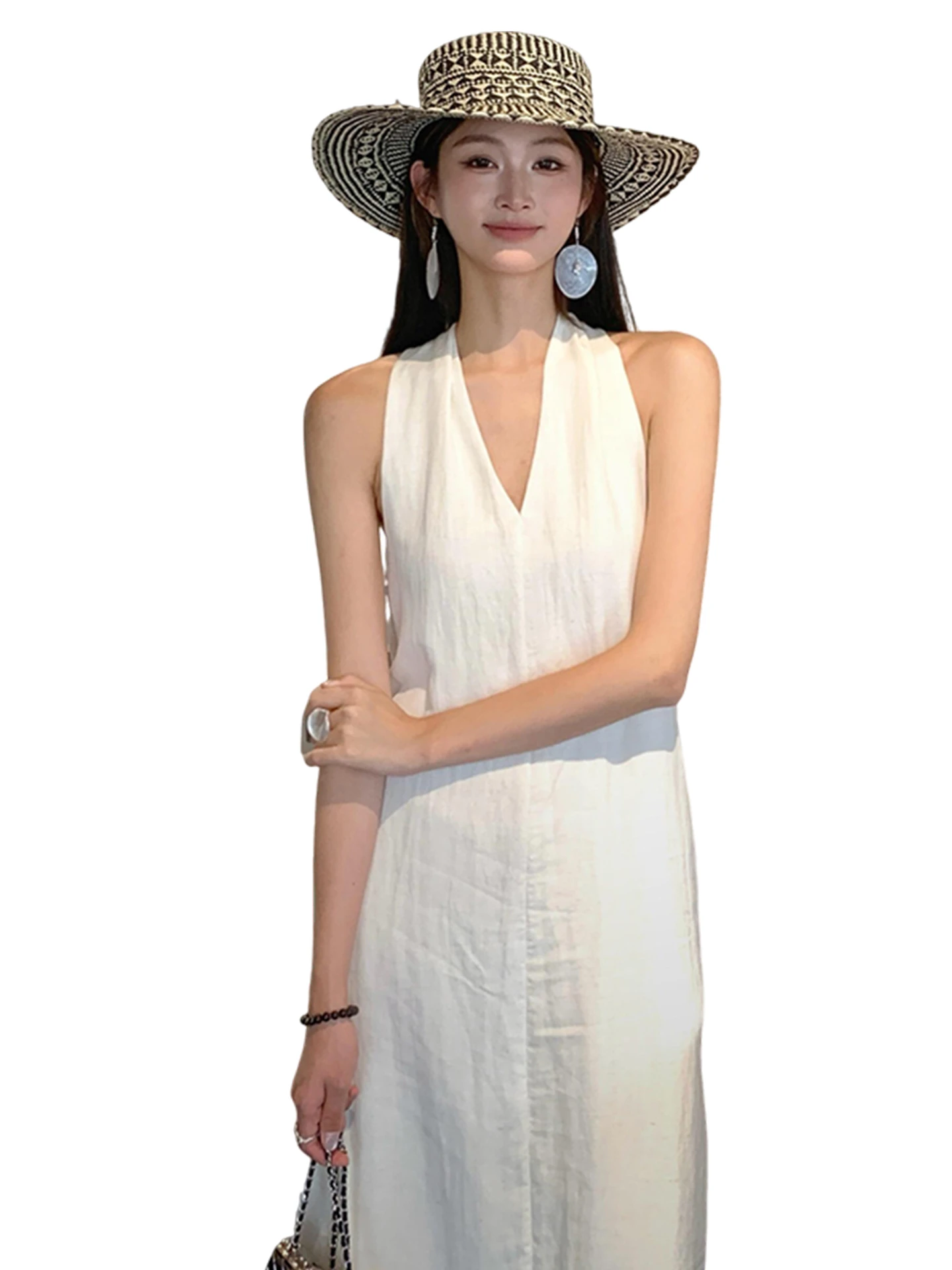 Witte V-Ne Svel Hangende Ne Strap Dr Dames Zomer Casual Losse Lange Dr Zoete Japanse Sle Hoge Taille A-lijn...