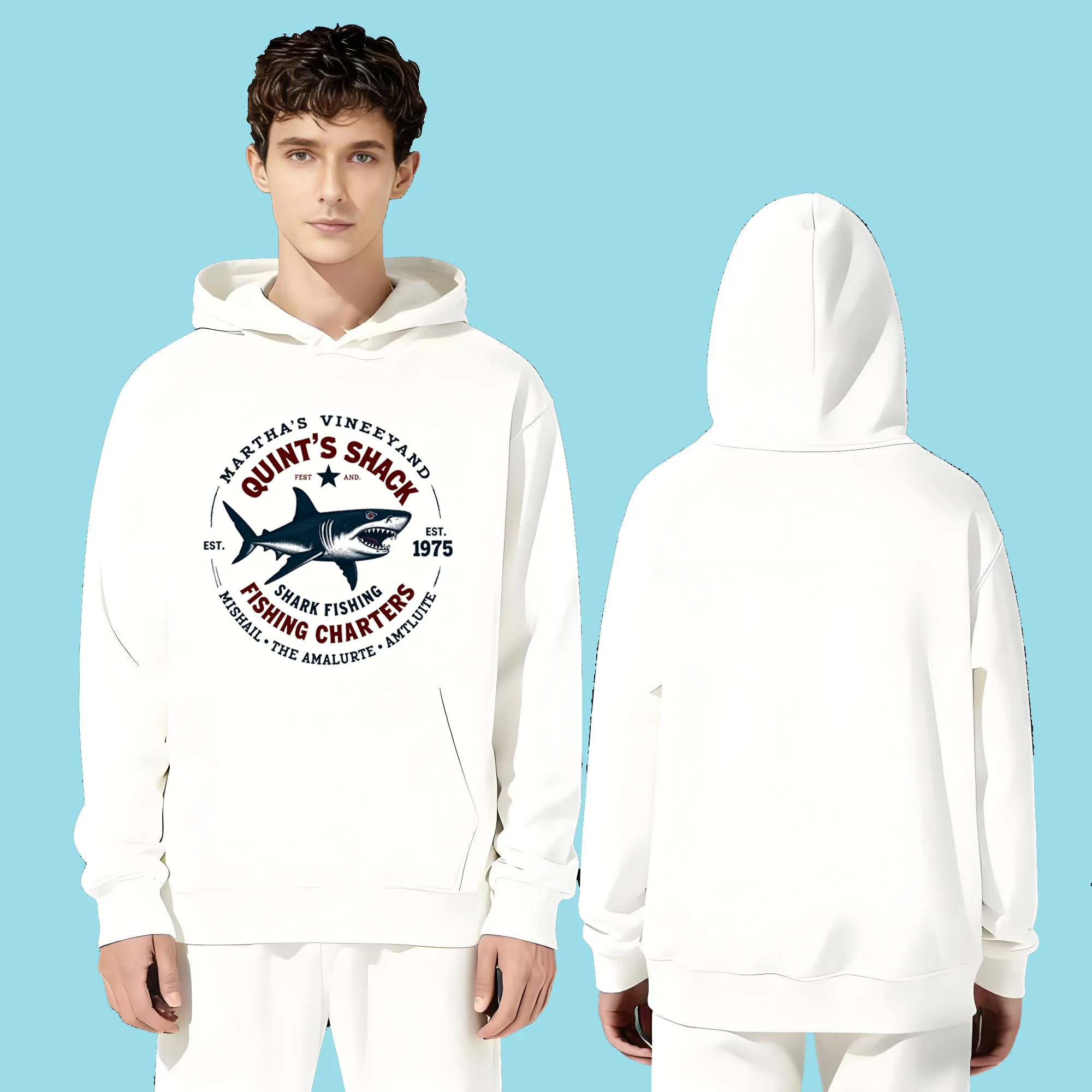 

The latest casual fashion 330-gram heavyweight hoodie for men and women in 2025 featuring trendy letters and shark prints