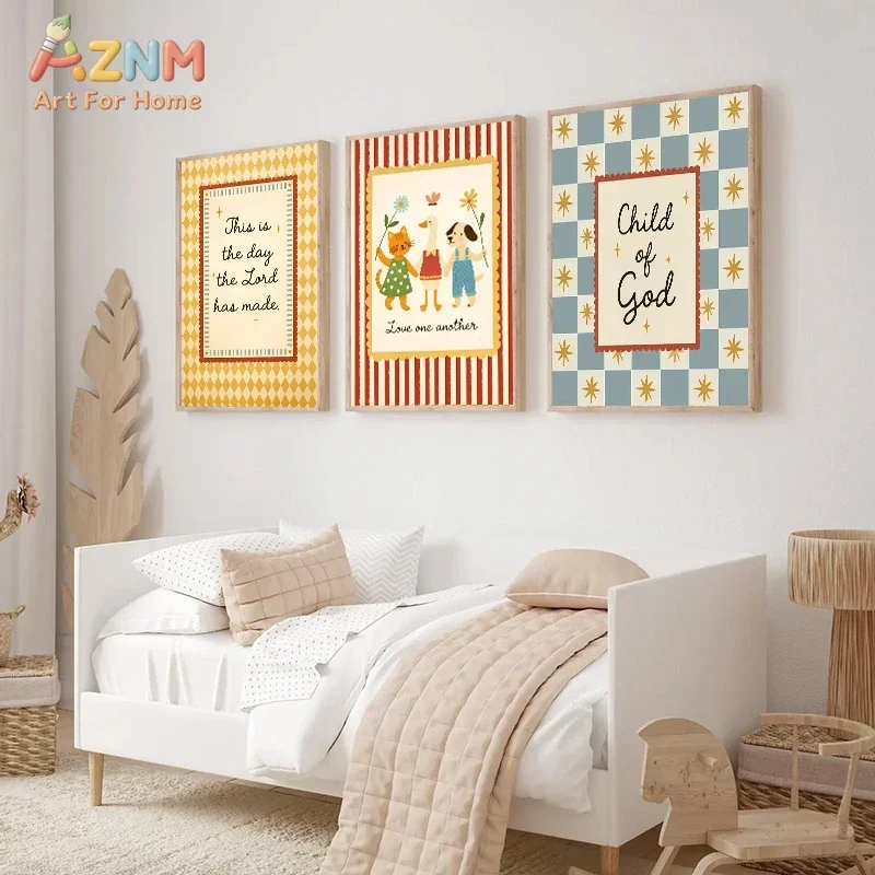 AZNM Cute Animal Quote Canvas Wall Art, Christian Nursery Child of God Cartoon Art Print, Unframed Canvas Painting for Kids Bedr