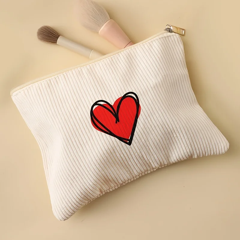 Red Love Print Corduroy Makeup Bag Multi Functional Makeup Organizer, Suitable for Toiletries And Accessories, Heart Pattern