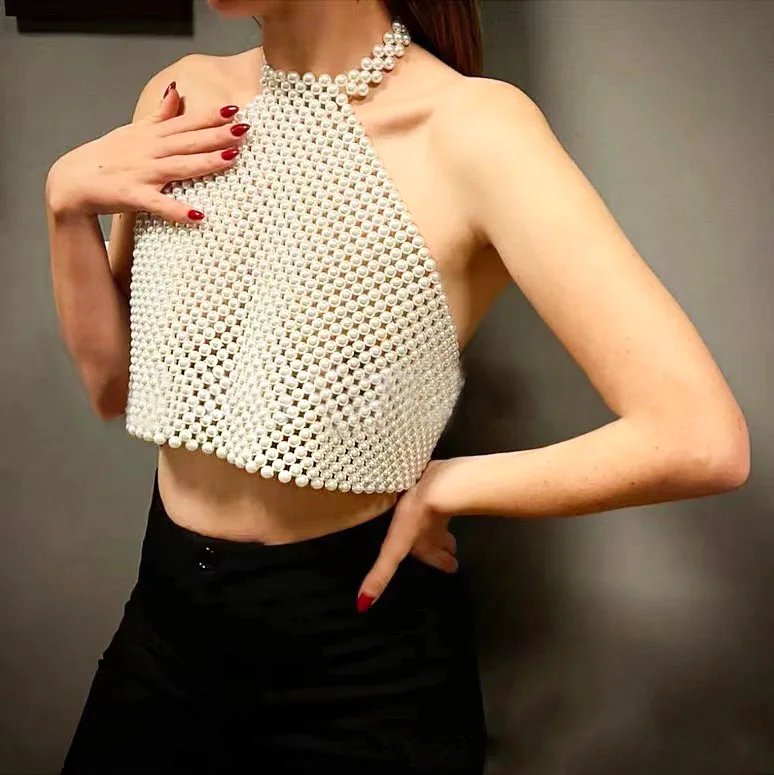 Pearl Vest Chunky Bead Pendant Choker Women Fashion Costume Body Jewelry Pearl Shoulder Tops