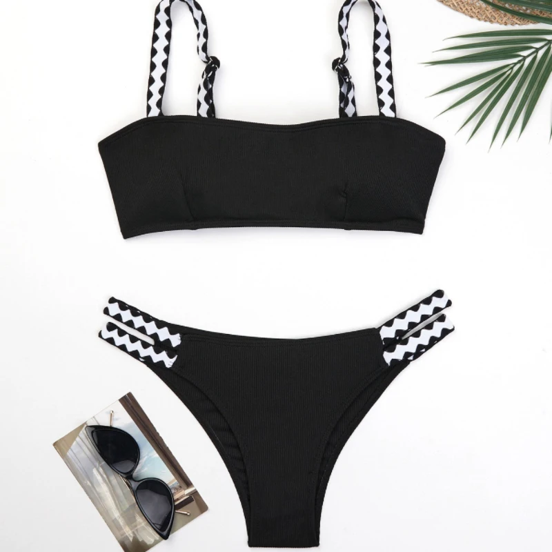 

Wome sexy black bikini black white contrast adjustable spaghetti strap two-pieces classic swimsuit